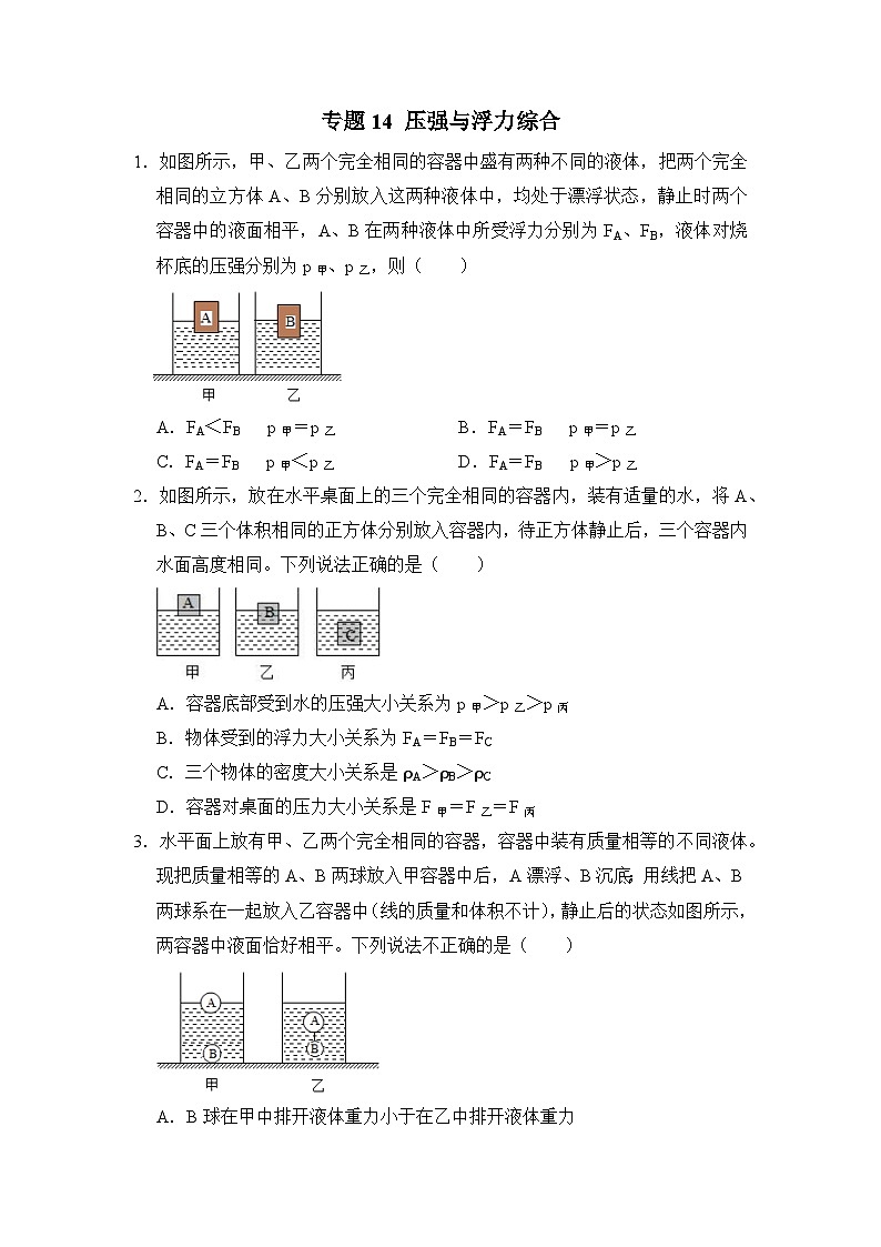 八年级物理暑期专题14 压强与浮力综合(原卷版)-2022-2023学年八年级物理下册学优生期末复习难点题型专项突破(人教版)第1页