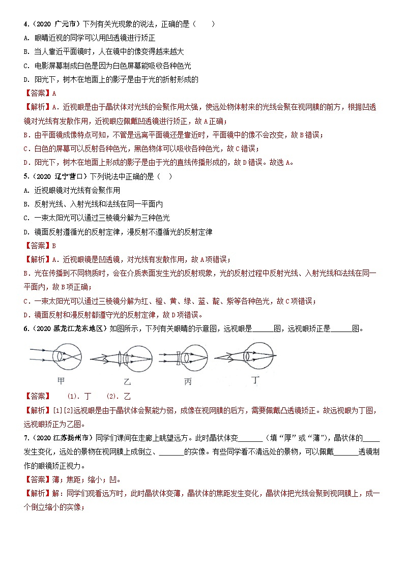 人教物理八上 5.4眼睛和眼镜 练习 原卷+解析卷02