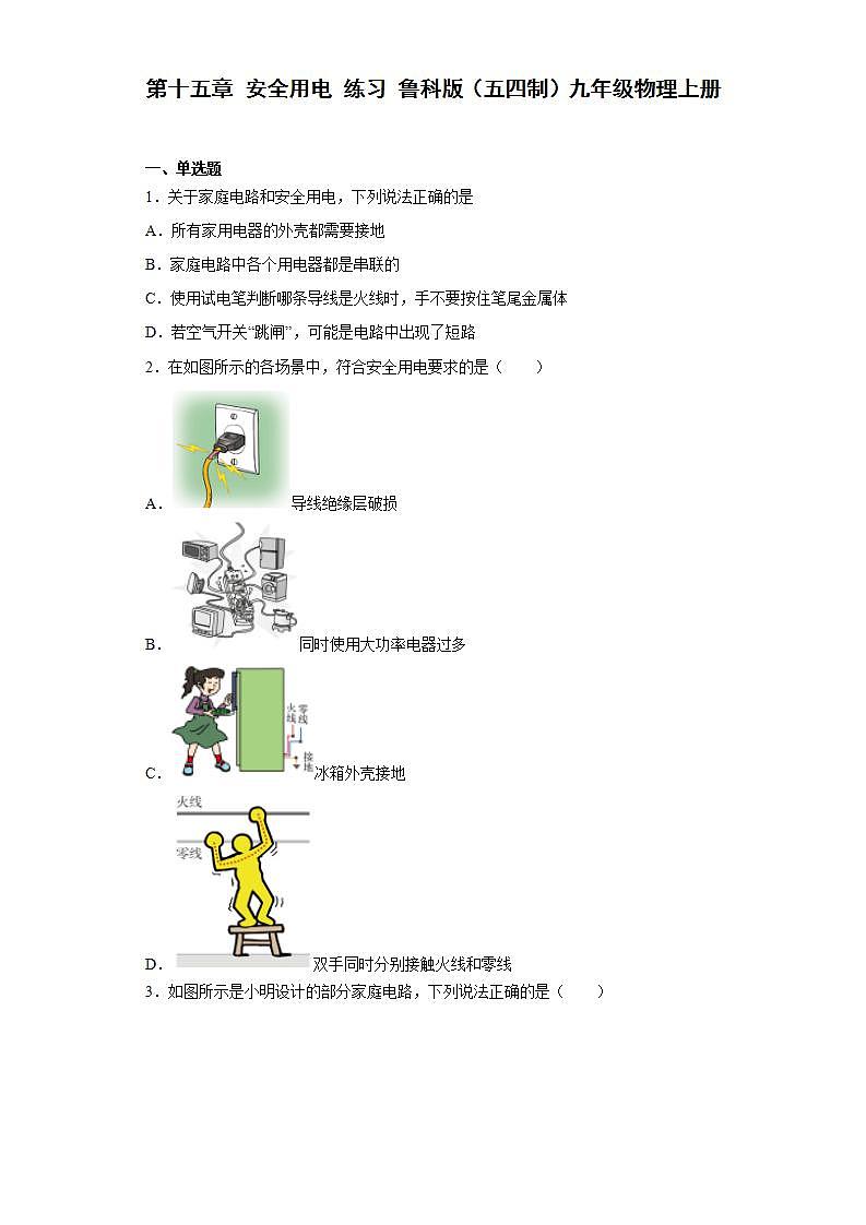 鲁科版(五四制)物理九年级上册 第十五章 安全用电 练习(含答案)01