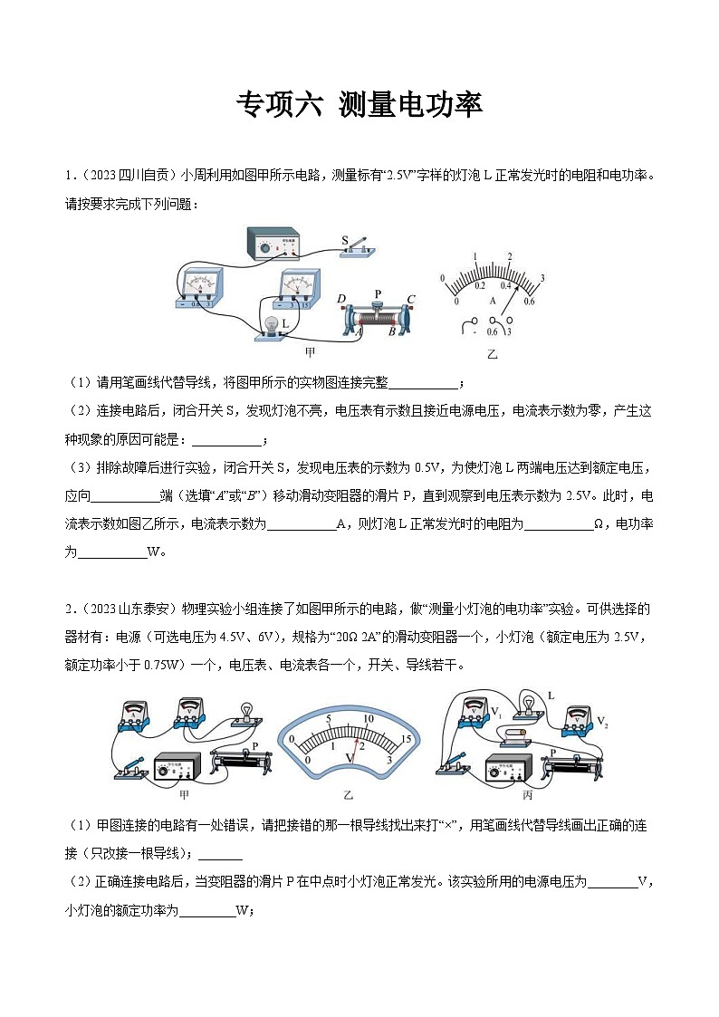 2023年中考物理真题分项汇编专项六 测量电功率(原卷版)第1页