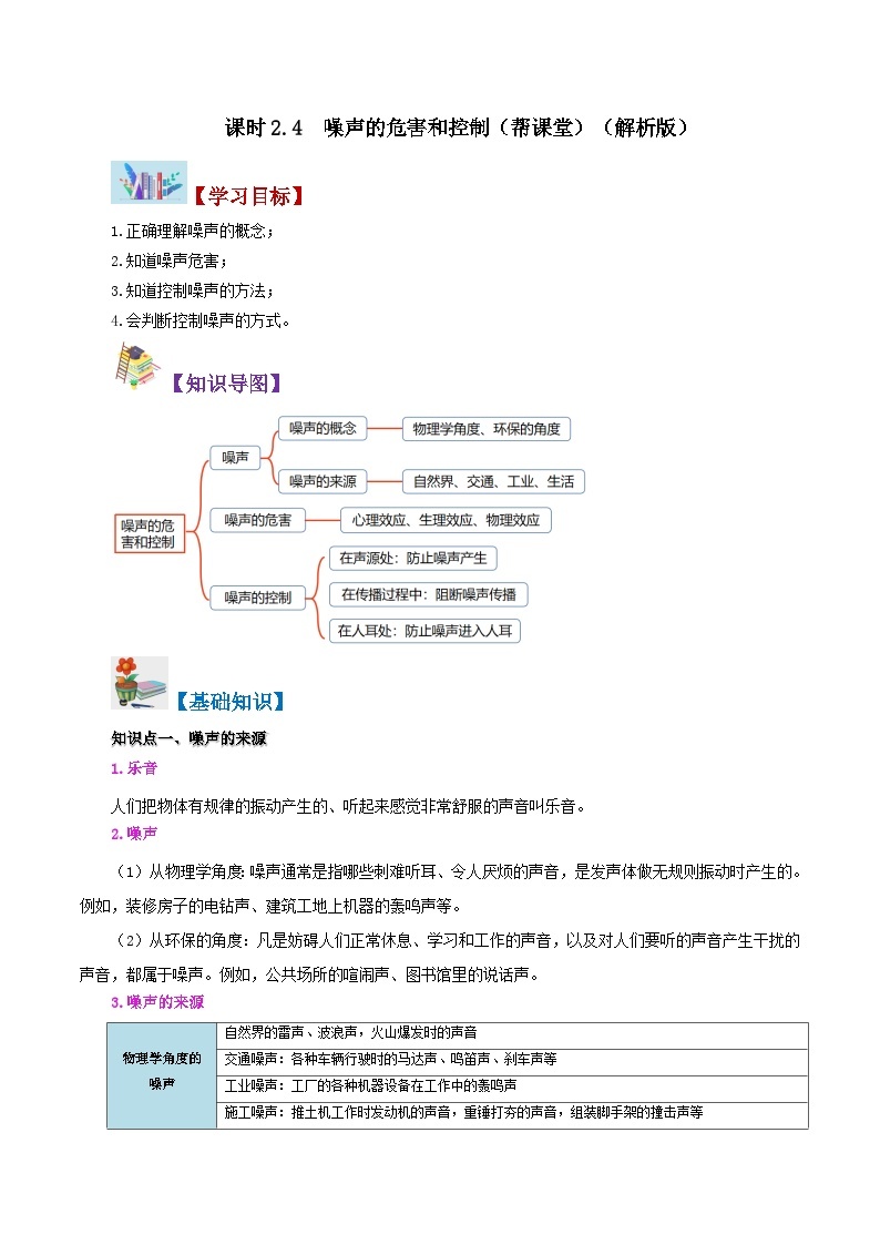 【同步讲义】人教版物理八年级上册-课时2.4 噪声及其控制 讲义01