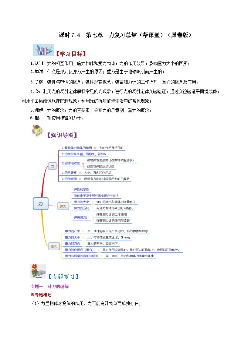 【同步讲义】人教版物理八年级下册-第七章 力 复习总结 讲义01