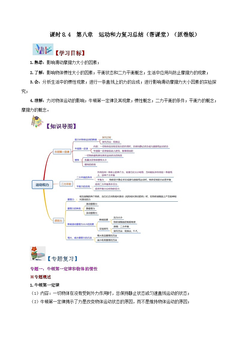 【同步講義】人教版物理八年級(jí)下冊(cè)-課時(shí)8.4 第八章 運(yùn)動(dòng)和力復(fù)習(xí)總結(jié) 講義（原卷版）第1頁