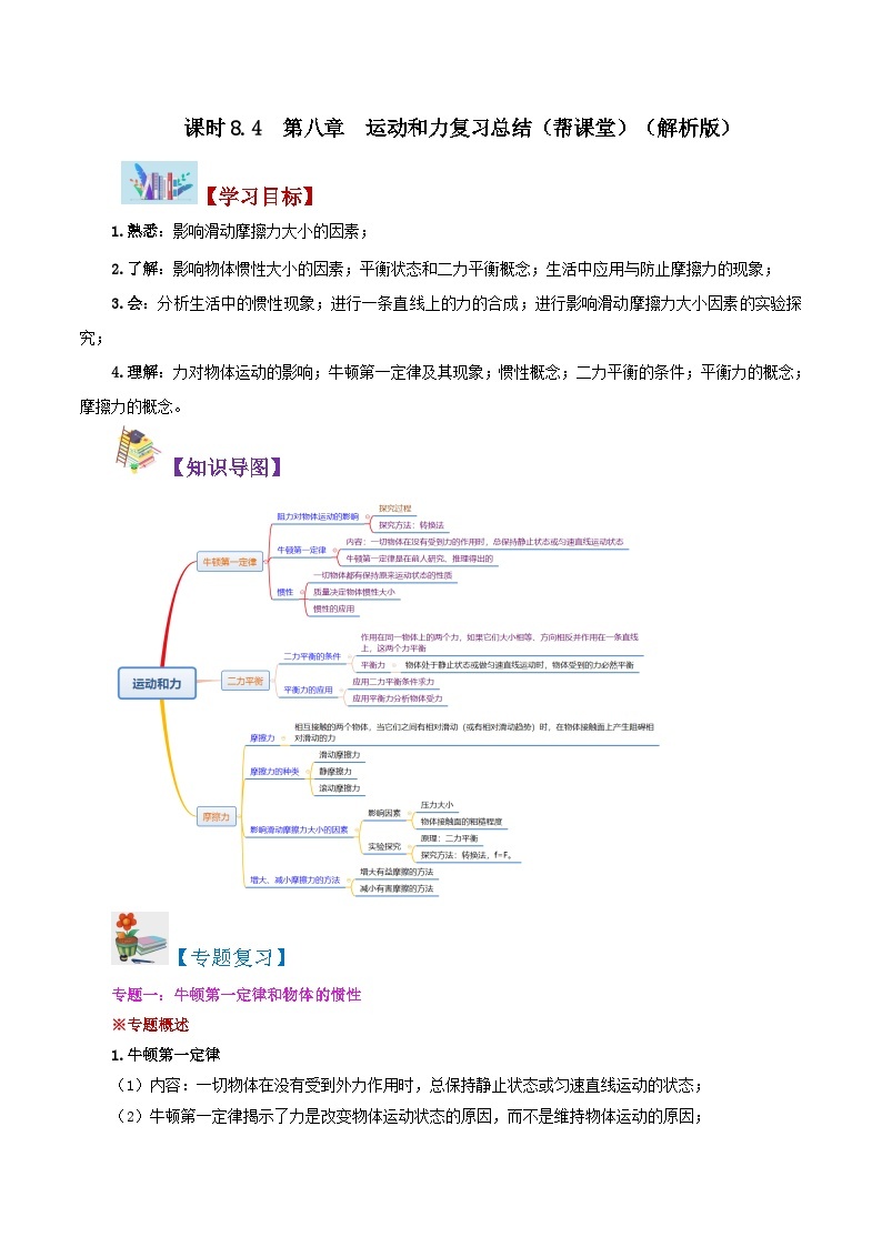 【同步讲义】人教版物理八年级下册-第八章 运动和力复习总结 讲义01