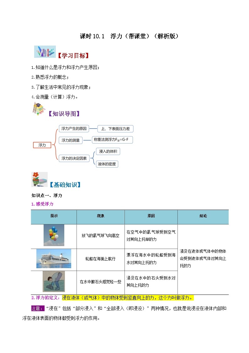 【同步讲义】人教版物理八年级下册-课时10.1 浮力 讲义01