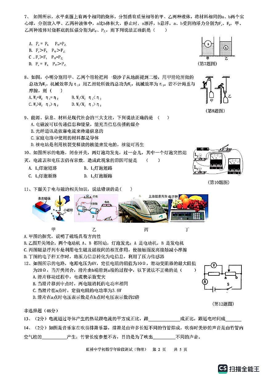 黑龍江省哈爾濱市南崗區(qū)虹橋中學2019-2020學年度下學期九年級4月階段測試物理試卷第2頁