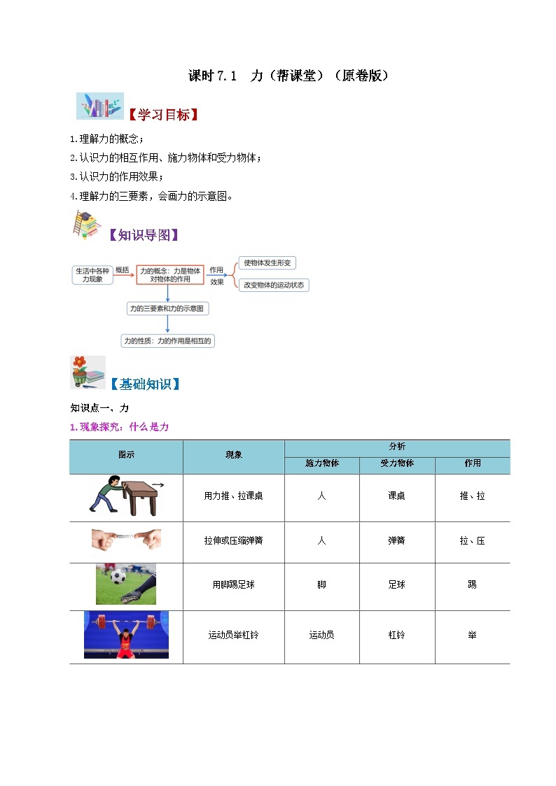 7.1 力-八年级物理下册同步精品讲义（人教版）01