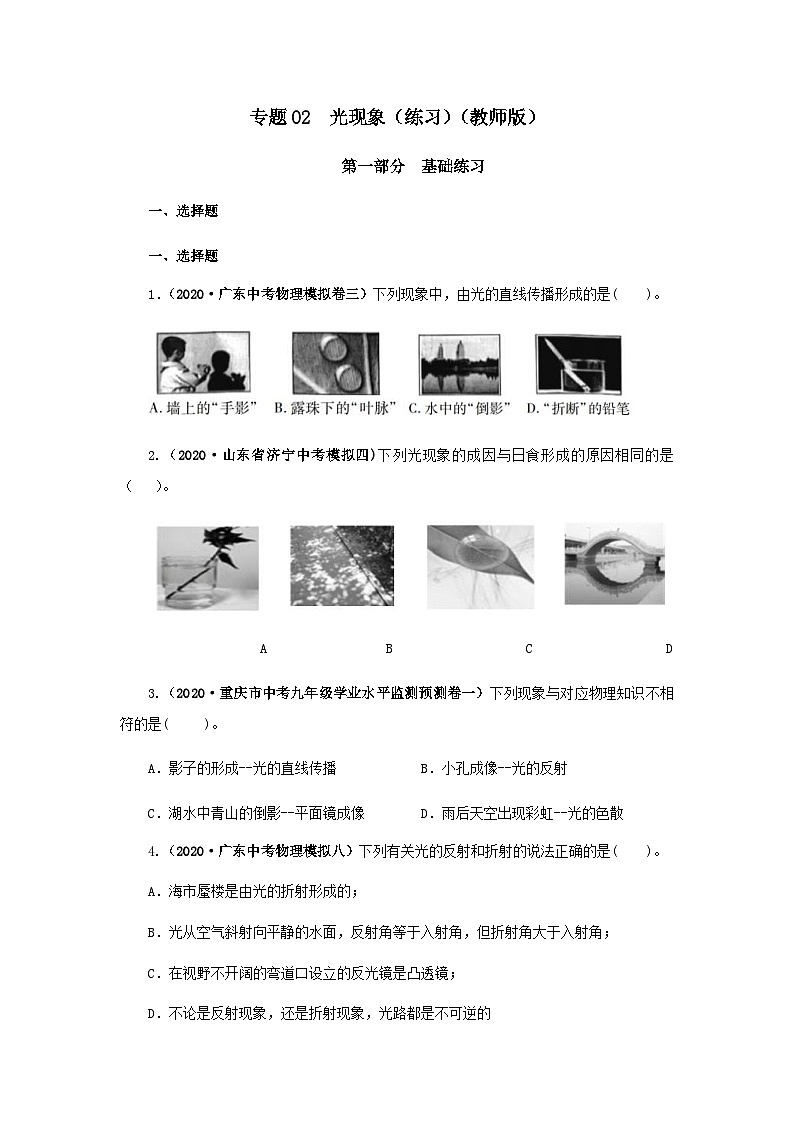 (辅导班专用)九年级物理寒假讲义 专题02 光现象(跟踪练习)(含解析)01