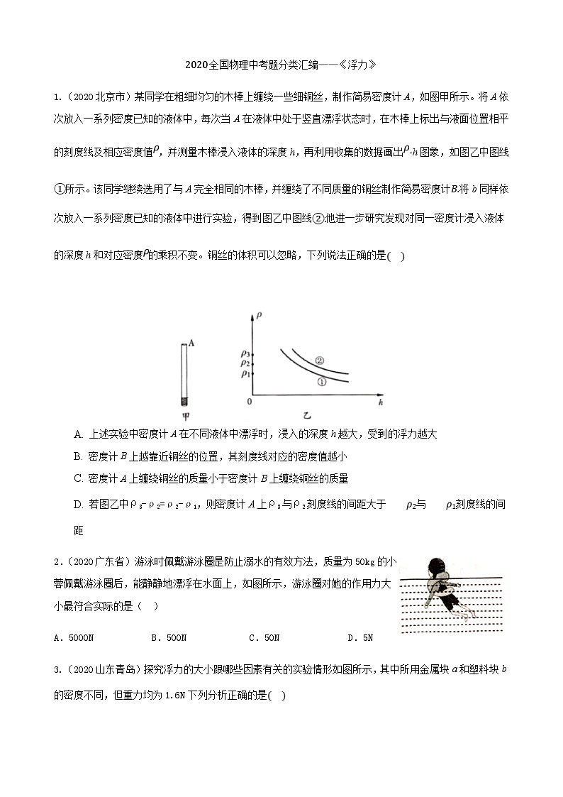 2020年中考物理真题分类汇编8—《浮力》 (含详解)第1页