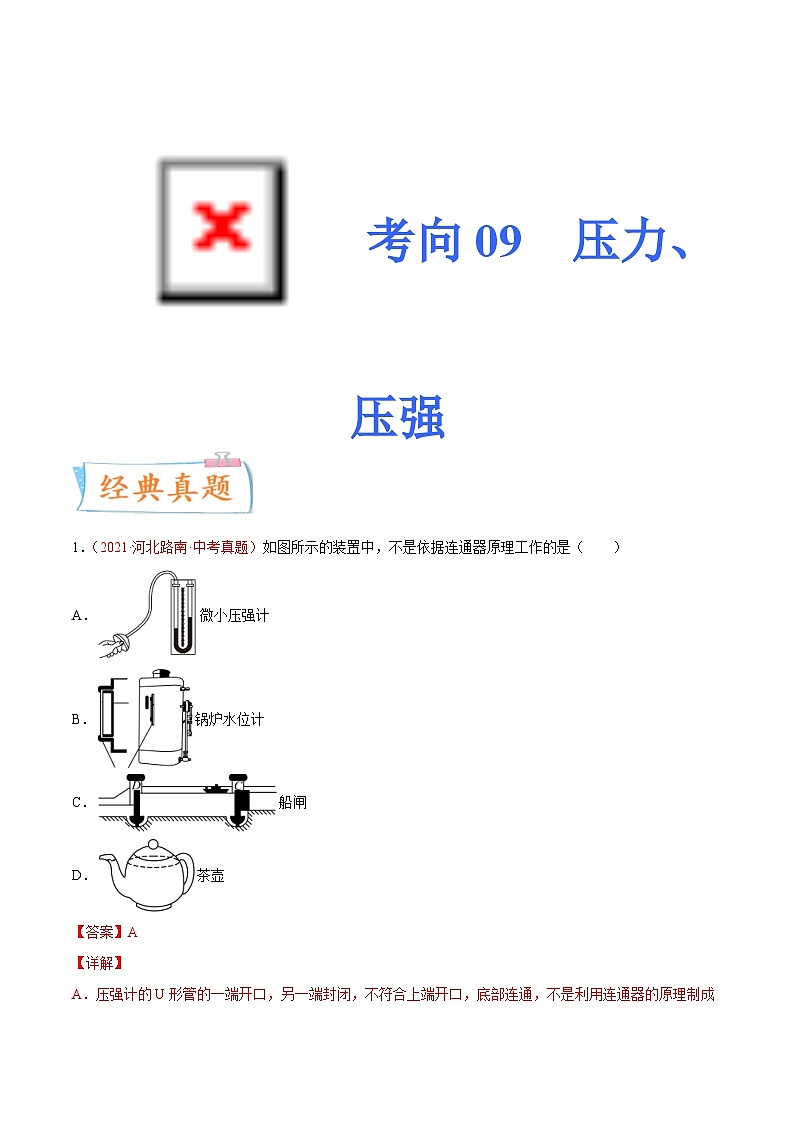 中考物理一轮复习考点专练专题09压力 压强(含解析)01