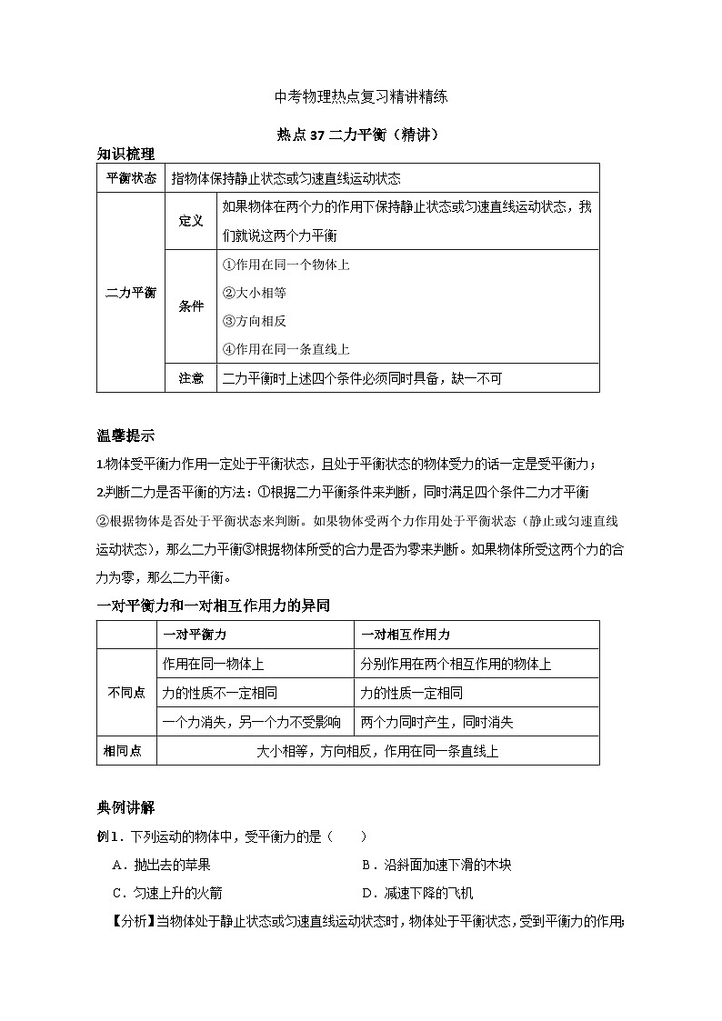 备考2024年中考物理重难点精讲精练:72-热点37 二力平衡(精讲)01