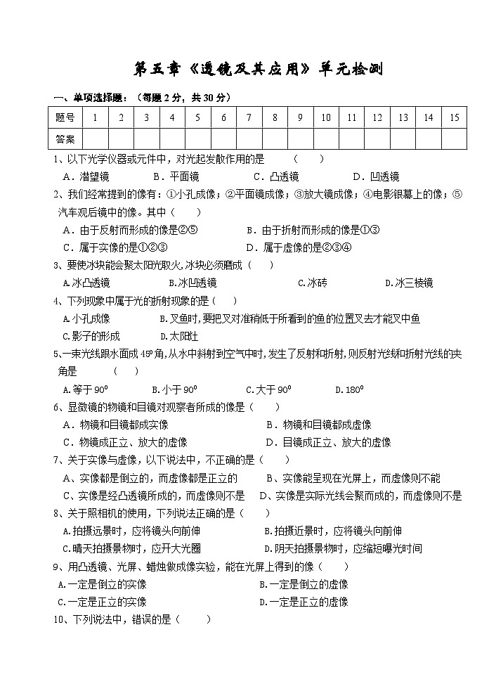 八年級(jí)物理上冊(cè)第五章《透鏡及其應(yīng)用》單元檢測(cè)含答案第1頁(yè)