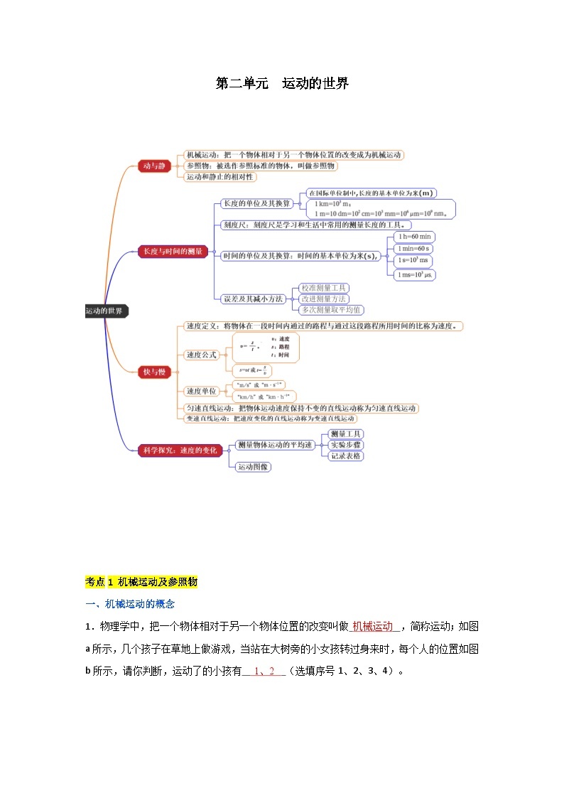 【期中单元考点讲义】（沪科版）2023-2024学年八年级物理上册 第二单元  运动的世界 单元考点讲义01