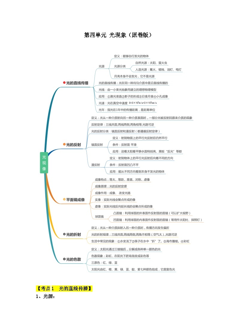 【期中单元考点讲义】（人教版）2023-2024学年八年级物理上册 第4单元 光现象 单元讲义01