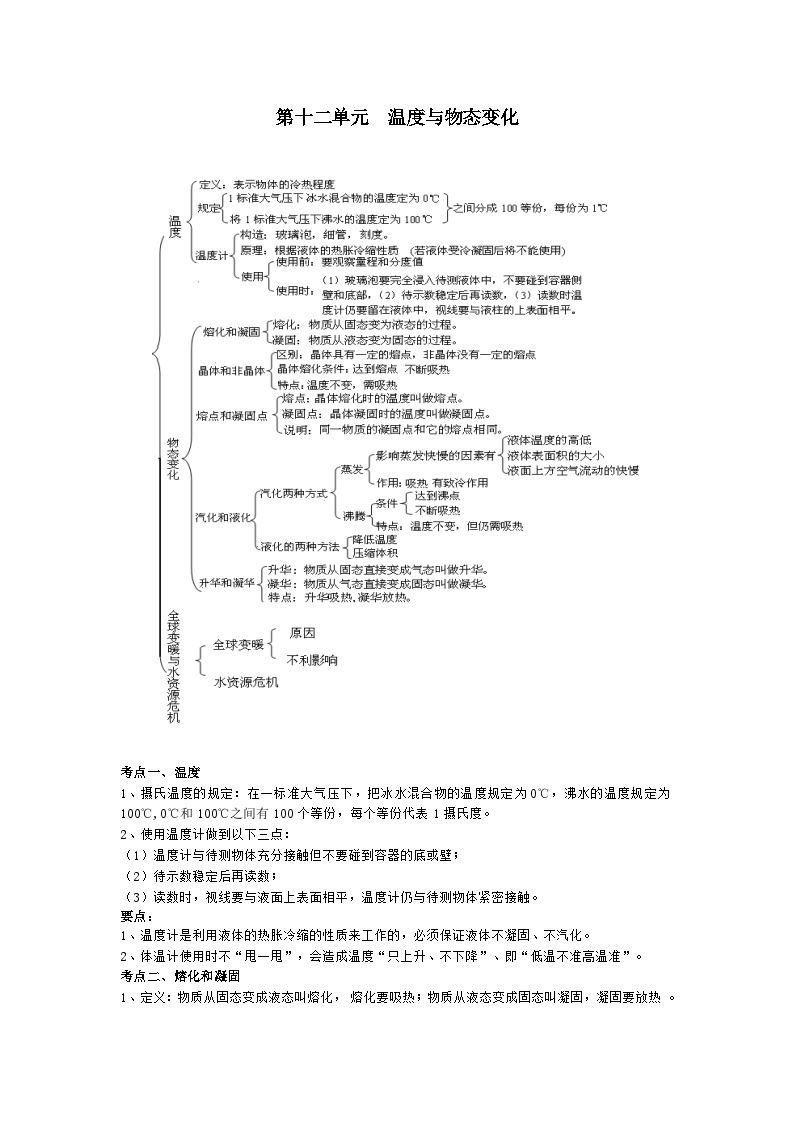 【期中单元考点讲义】（沪科版）2023-2024学年九年级物理上册 第十二单元  温度与物态变化 单元讲义01