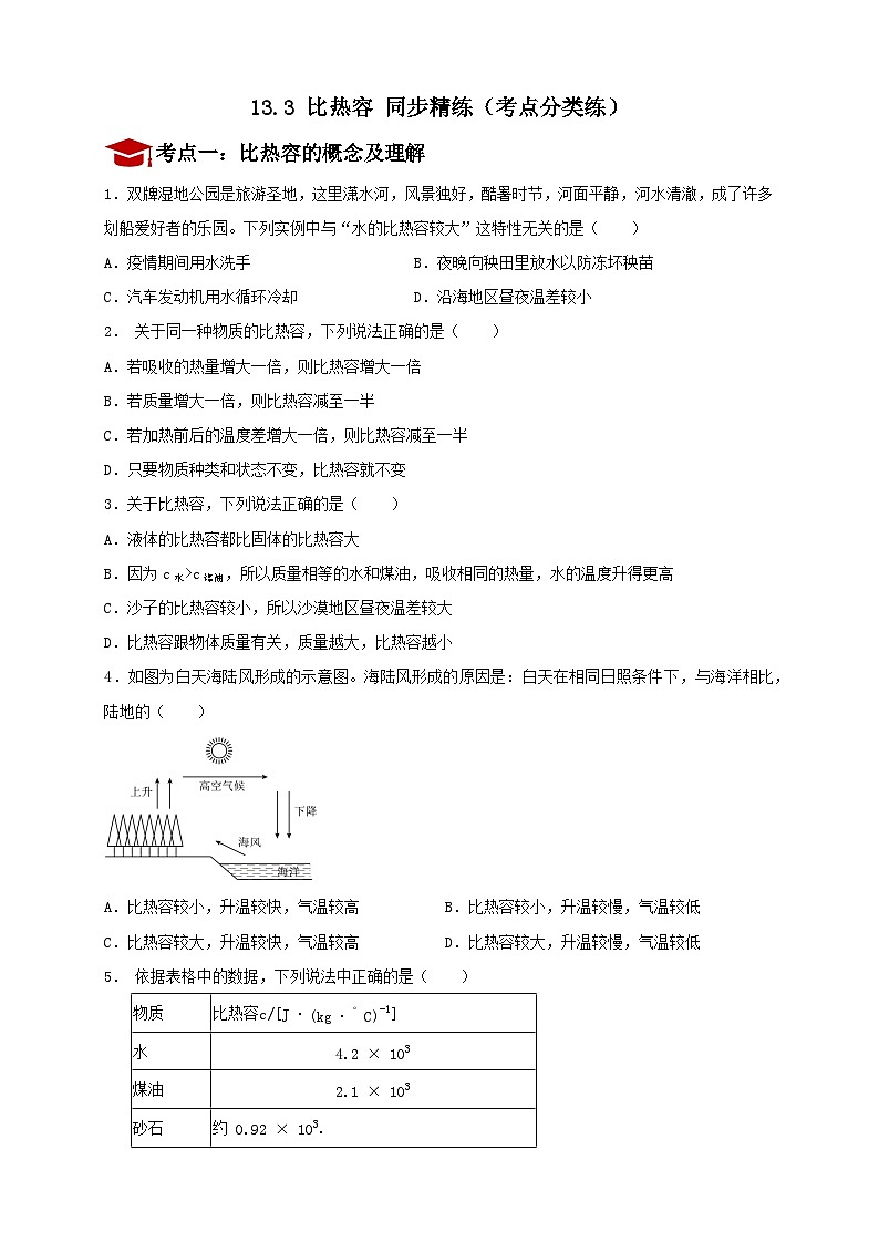 13.3 比热容 同步精练(考点分类练)人教版物理九年级全一册第1页
