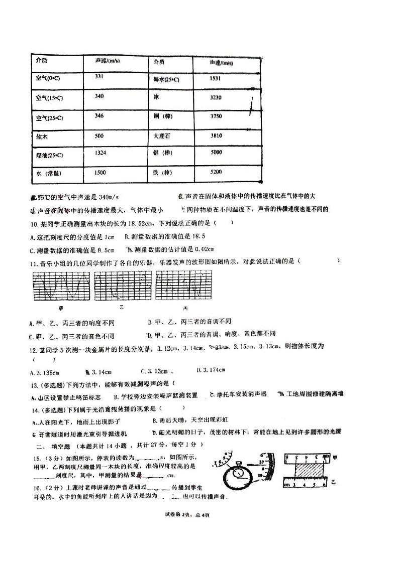 广西柳州市文华中学2021-2022学年上学期第一次月考八年级物理试卷第2页