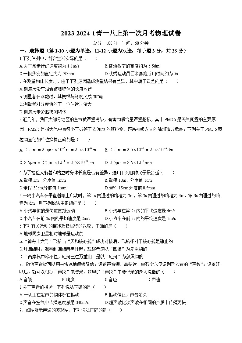湖南省長沙市青竹湖湘一外國語學校2023-2024學年八年級上學期第一次月考物理試題(無答案)第1頁