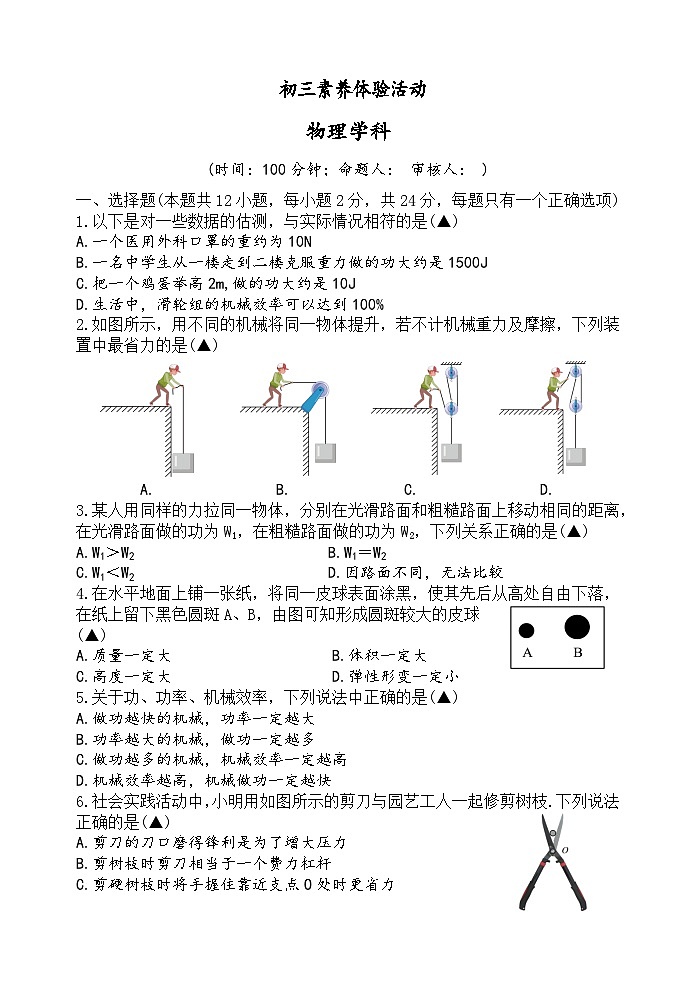 初三年级 物理素养体验第1页