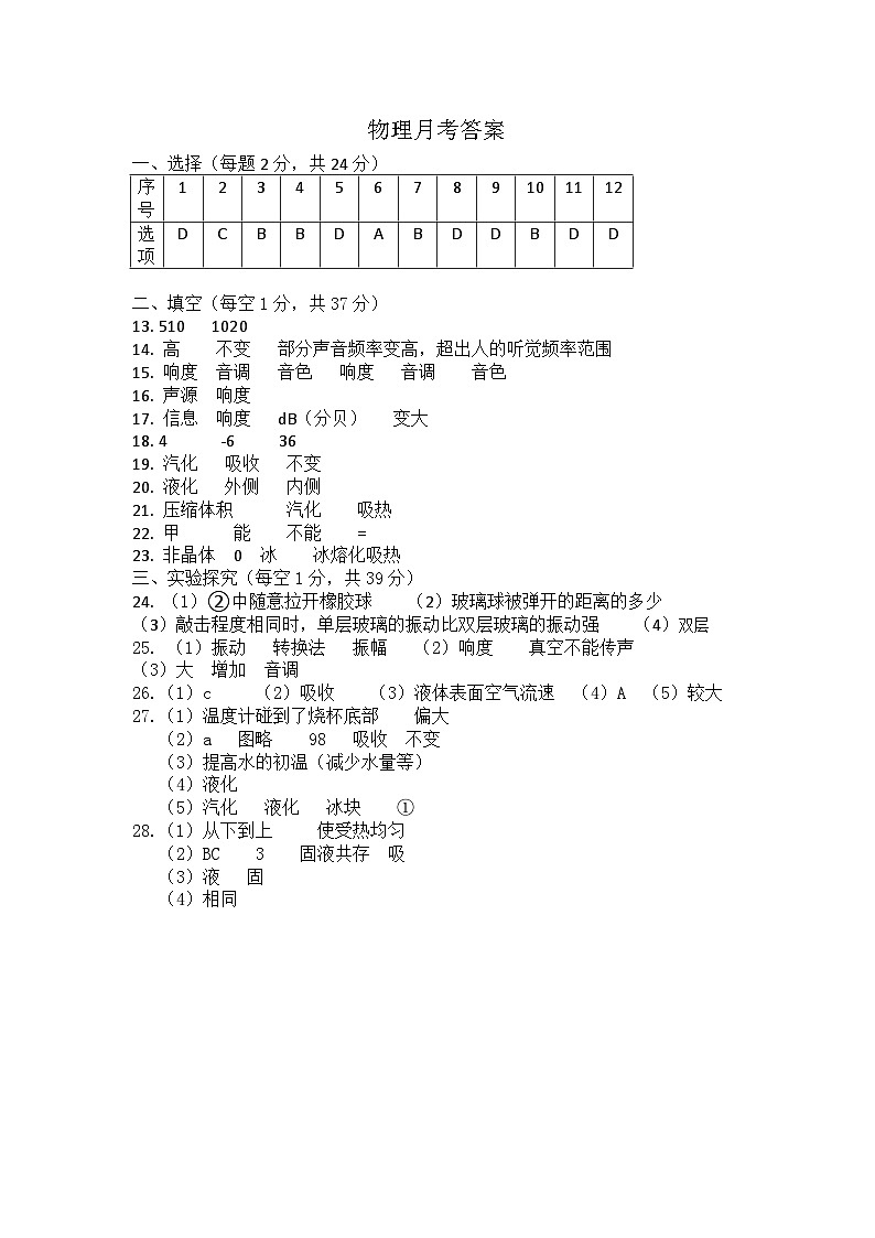 八年级物理月考答案第1页