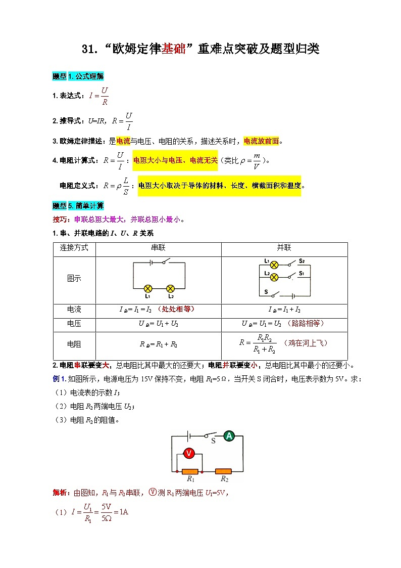 2024年中考物理复习----31.“欧姆定律基础”重难点突破及题型归类(全国通用)第1页