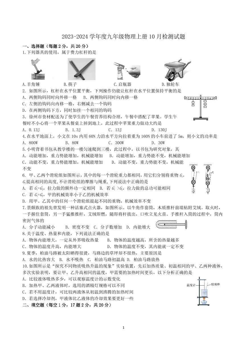 江苏省新沂市第十中学2023-2024学年九年级上学期10月检测物理试题（月考）(02)