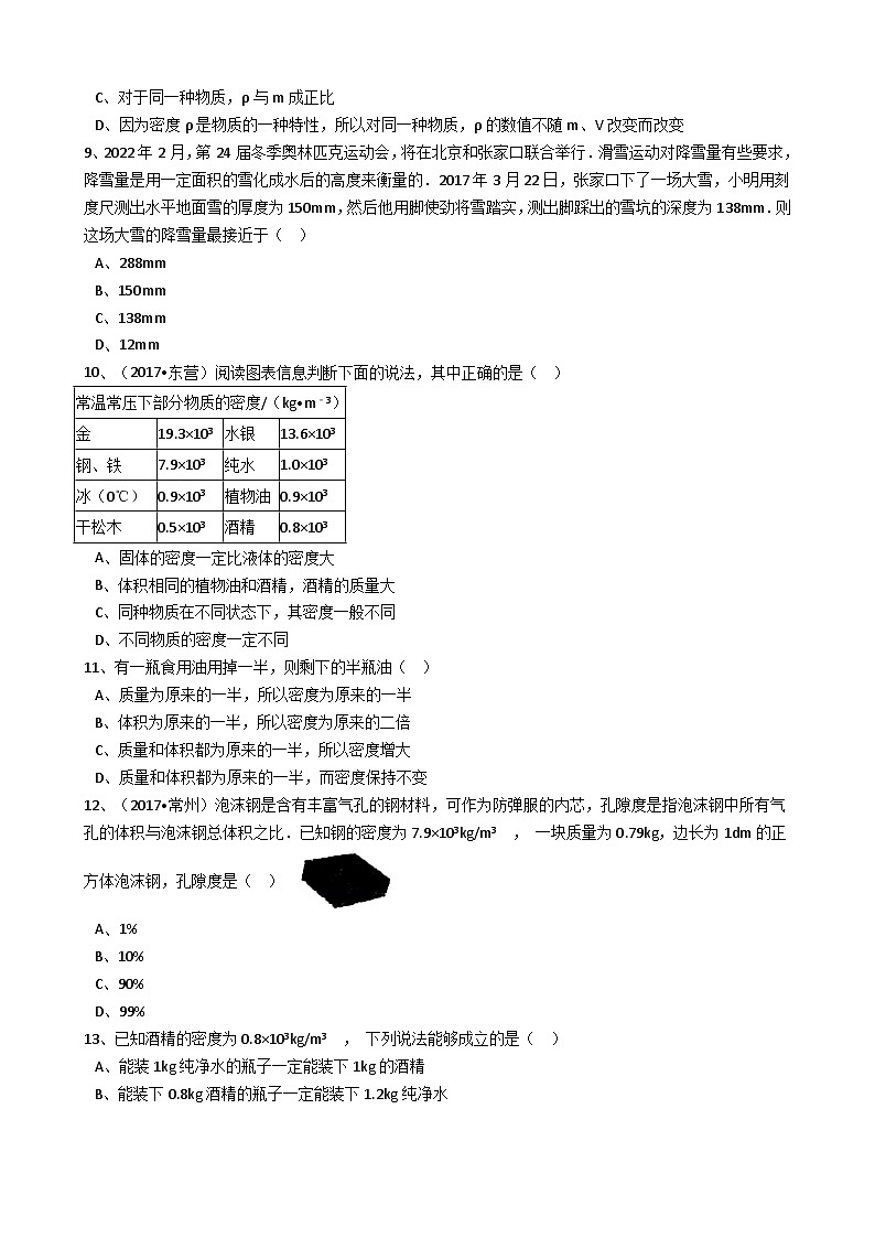 人教版物理八年级上册同步训练:第六章第二节密度(解析版)第2页
