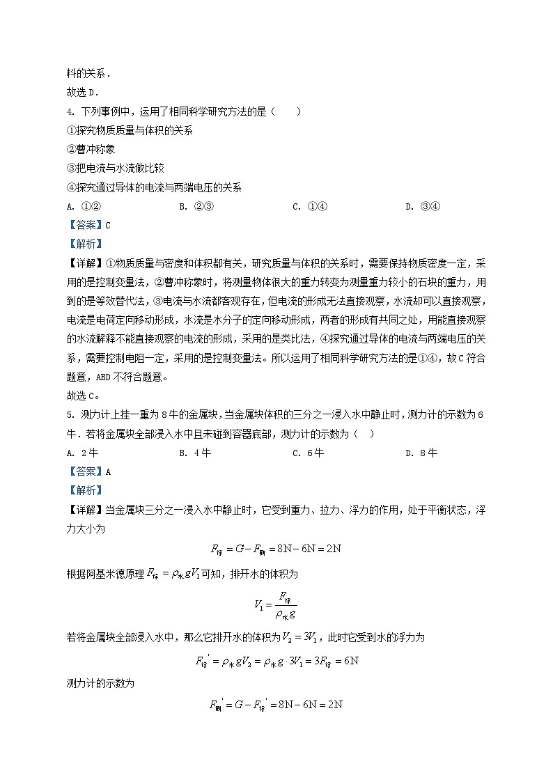 2022-2023学年上海市奉贤区九年级上学期物理期中试题及答案第2页