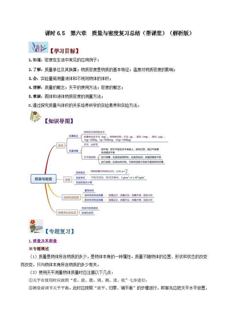人教版物理八年級(jí)上冊(cè)同步精品講義6.5 第六章 質(zhì)量與密度復(fù)習(xí)總結(jié)（教師版）第1頁(yè)