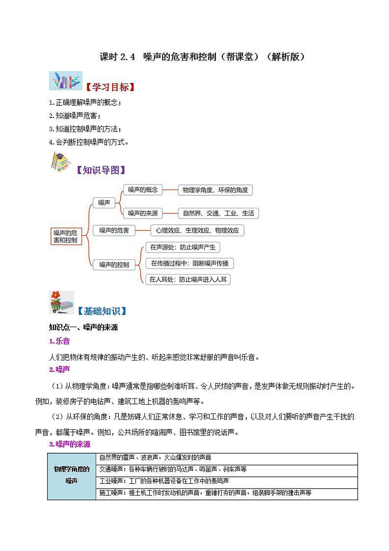 人教版物理八年級上冊同步精品講義2.4 噪聲及其控制(教師版)第1頁