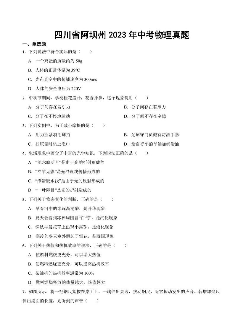 四川省2023年中考物理真题全套附参考答案01