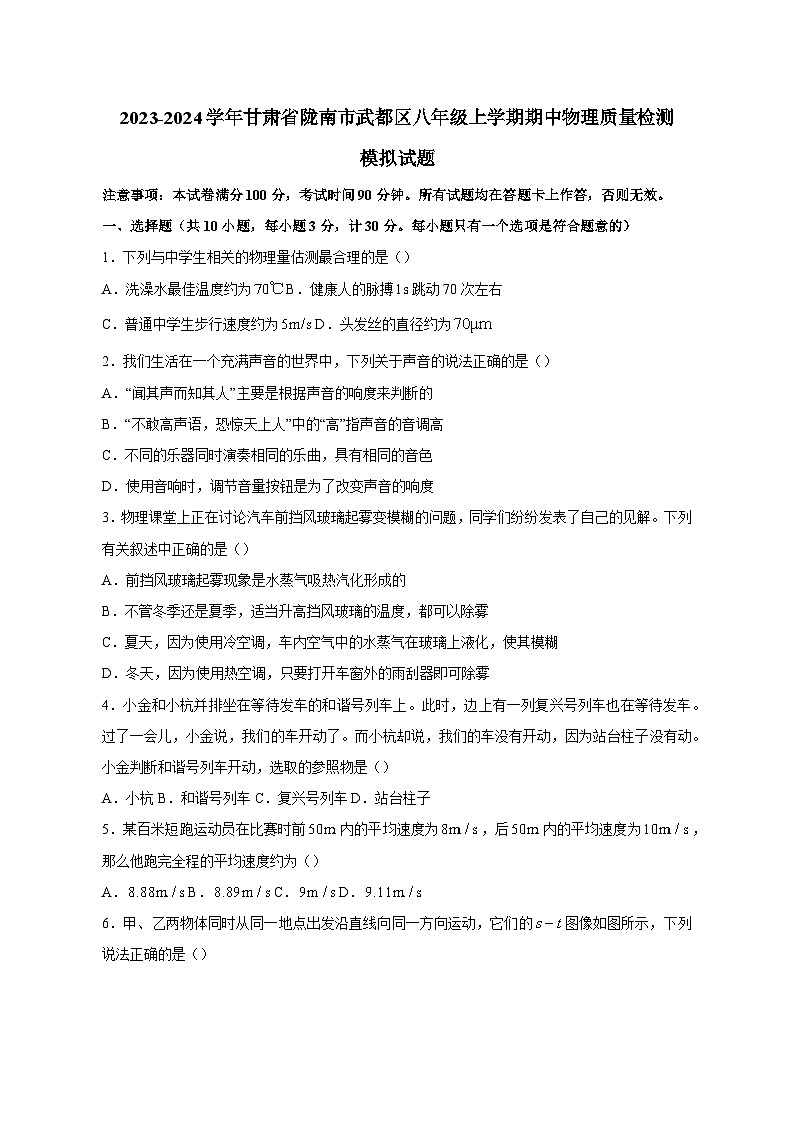 2023-2024学年甘肃省陇南市武都区八年级上学期期中物理质量检测模拟试题(含解析)第1页