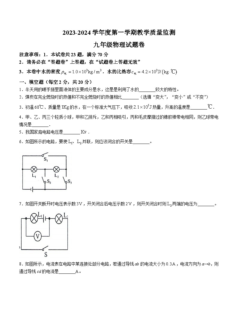 安徽省滁州市全椒县2023-2024学年九年级上学期11月期中物理试题01