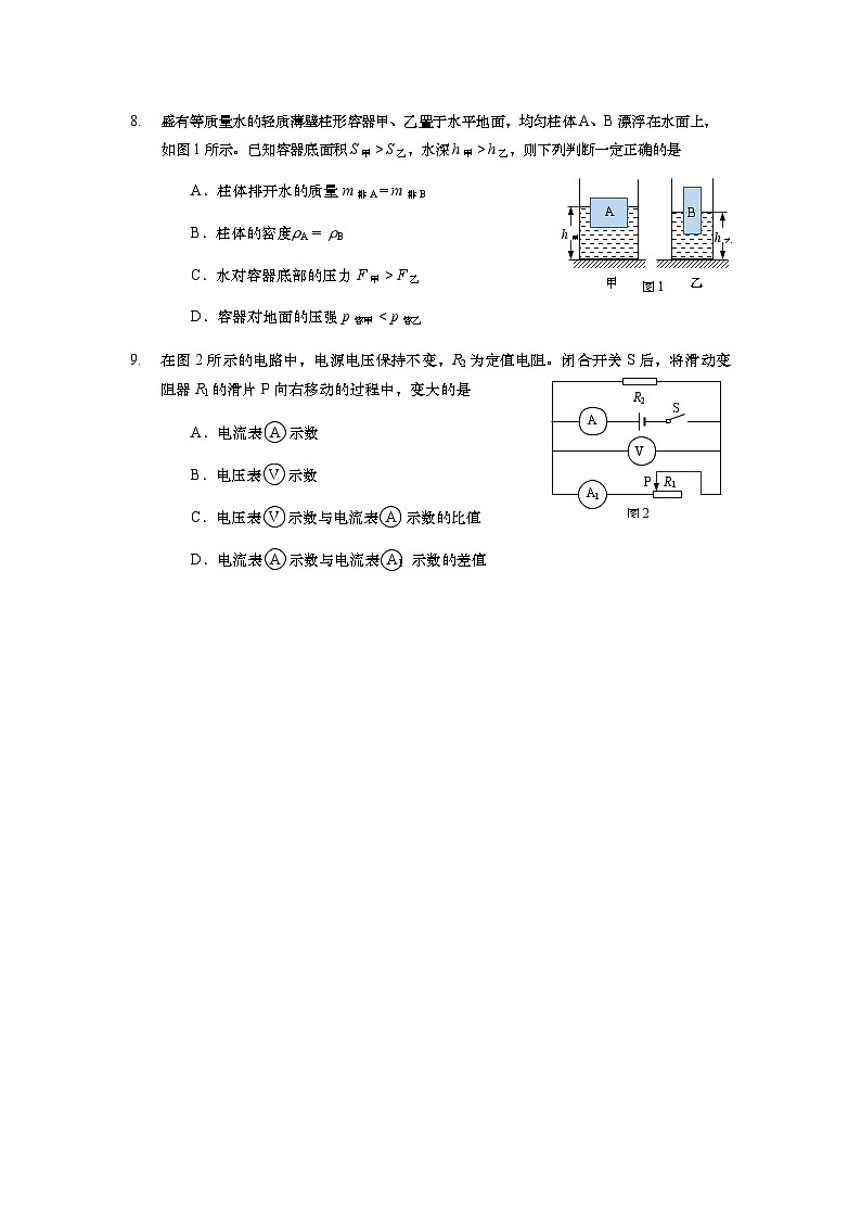 2023年上海市杨浦区中考物理一模试卷02