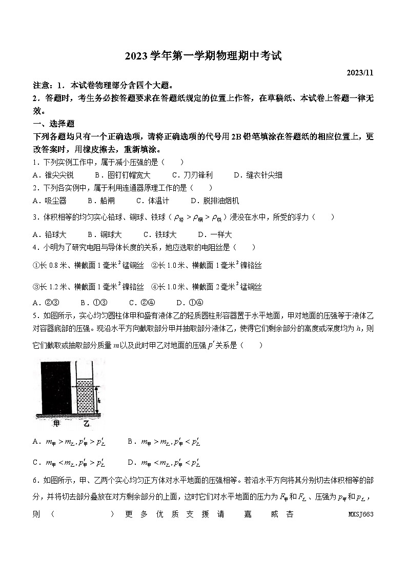 上海市民办新复兴初级中学2023-2024学年九年级上学期期中考试物理试卷(无答案)第1页