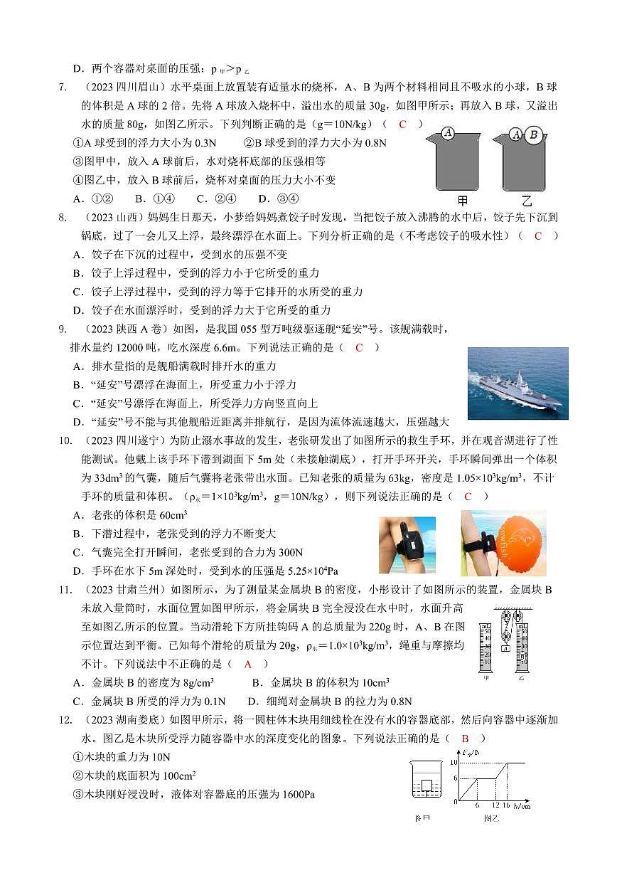 2023全國(guó)各省、市物理中考真題分類匯編10——浮力和答案第2頁(yè)