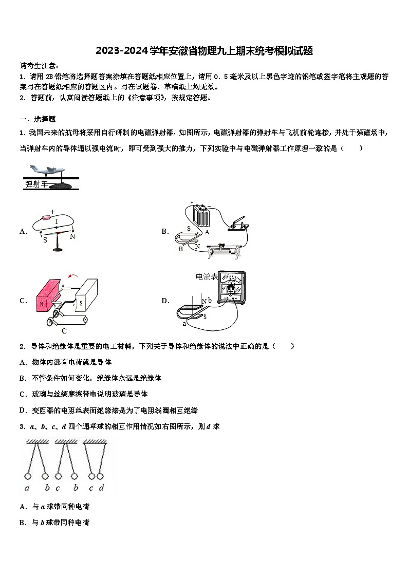 2023-2024学年安徽省物理九上期末统考模拟试题第1页