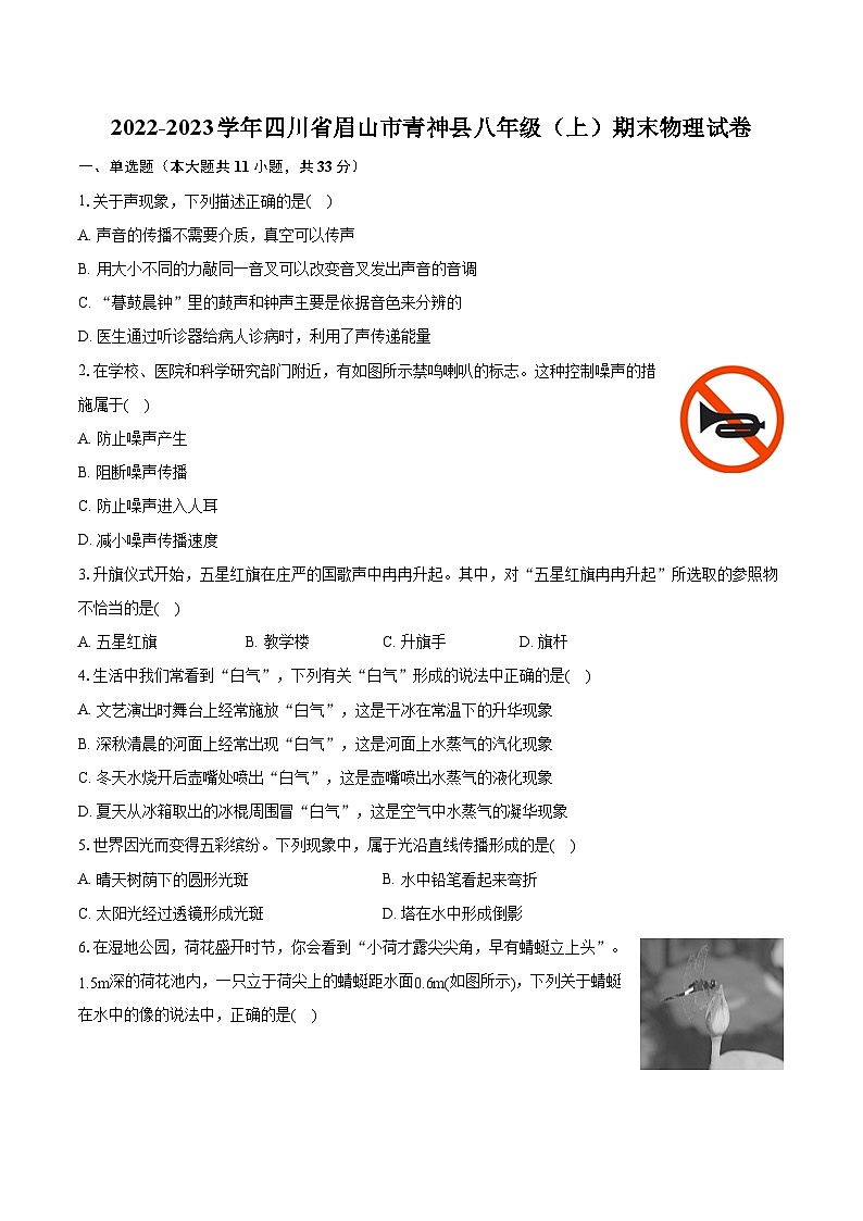 2022-2023学年四川省眉山市青神县八年级(上)期末物理试卷(含答案解析)01