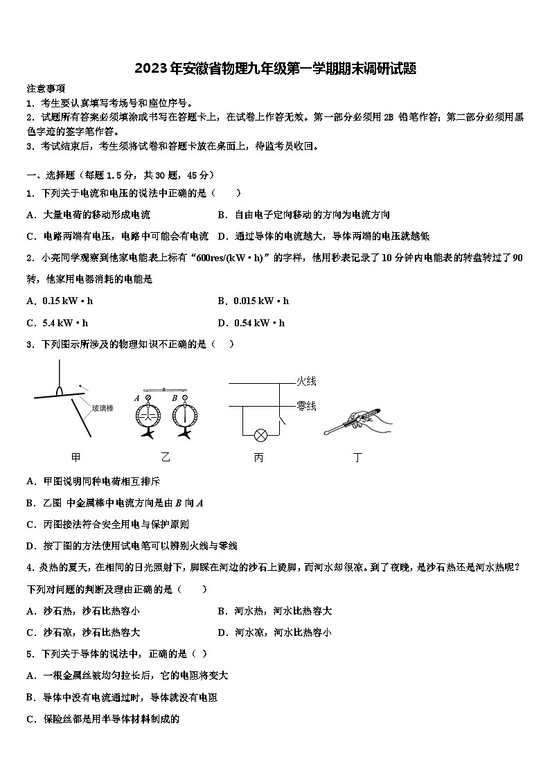 2023年安徽省物理九年级第一学期期末调研试题第1页