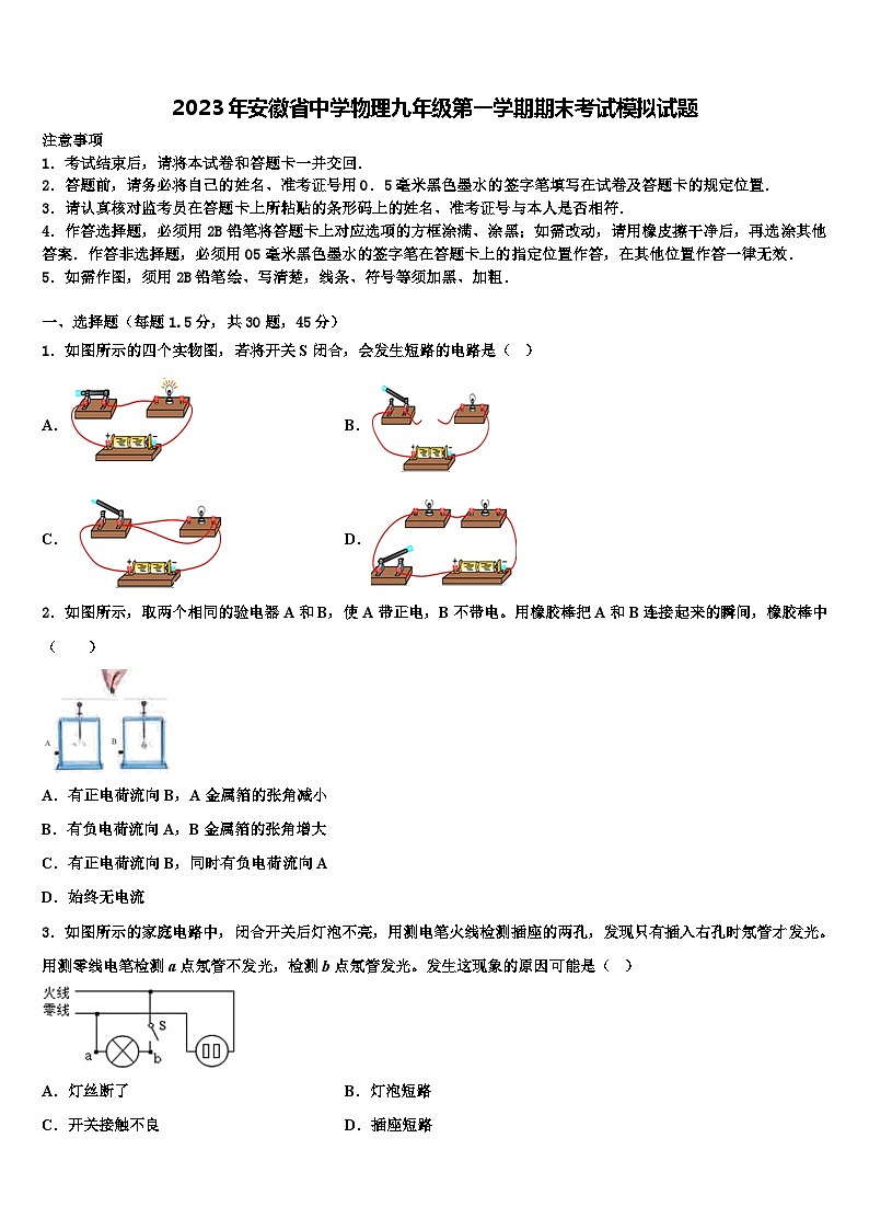 2023年安徽省中学物理九年级第一学期期末考试模拟试题01