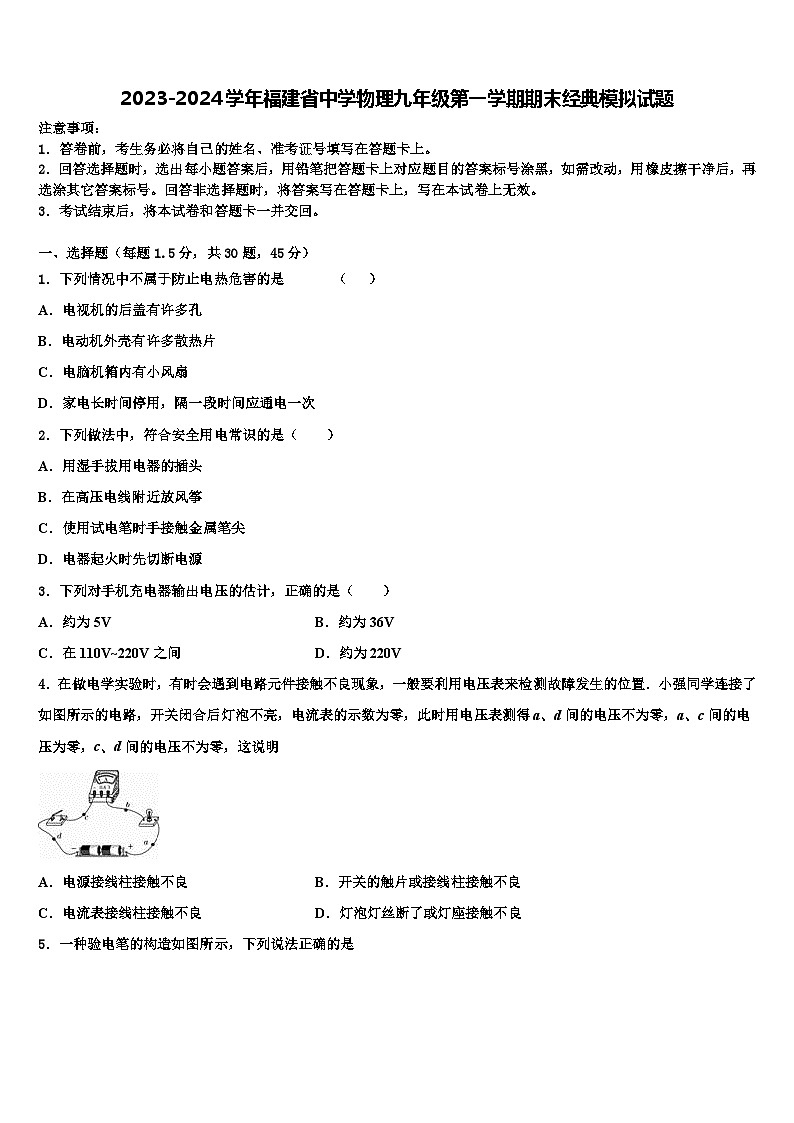 2023-2024学年福建省中学物理九年级第一学期期末经典模拟试题第1页