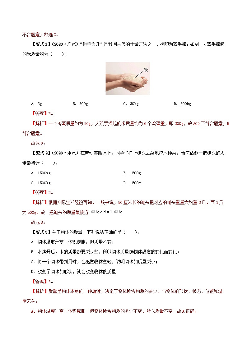 6.1 质量-2023-2024学年八年级物理上册精品讲练测(人教版)02
