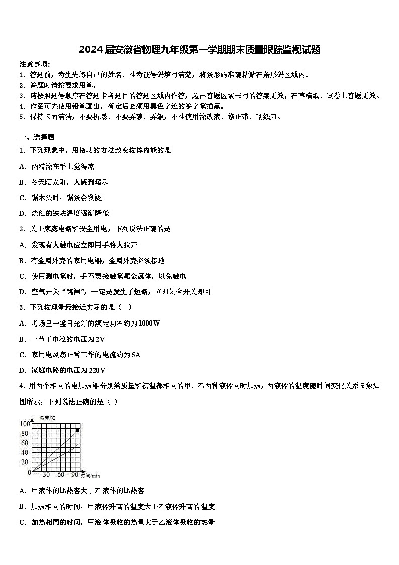 2024届安徽省物理九年级第一学期期末质量跟踪监视试题01