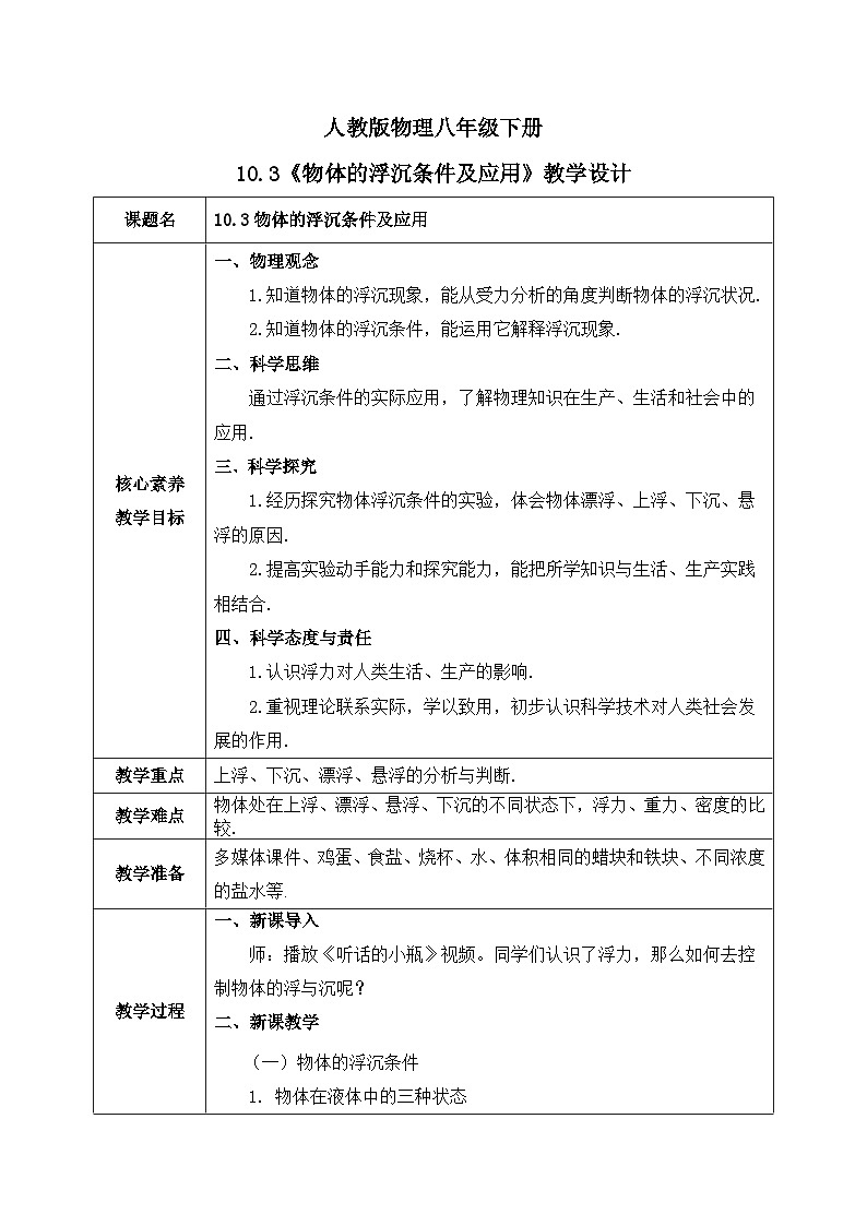 【核心素养】人教版八年级下册+第十章 +第3节《物体的浮沉条件及应用》课件+教案+分层练习01