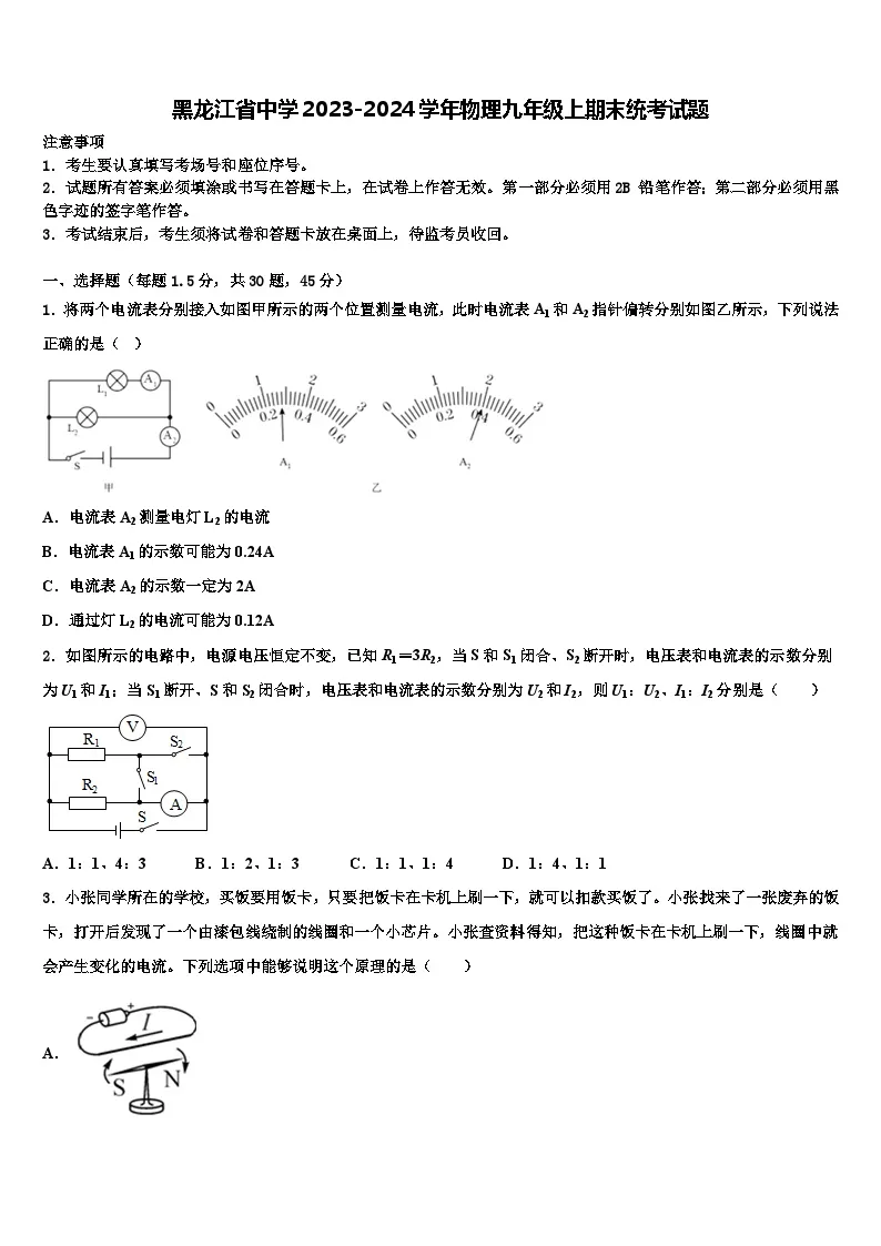 黑龙江省中学2023-2024学年物理九年级上期末统考试题01