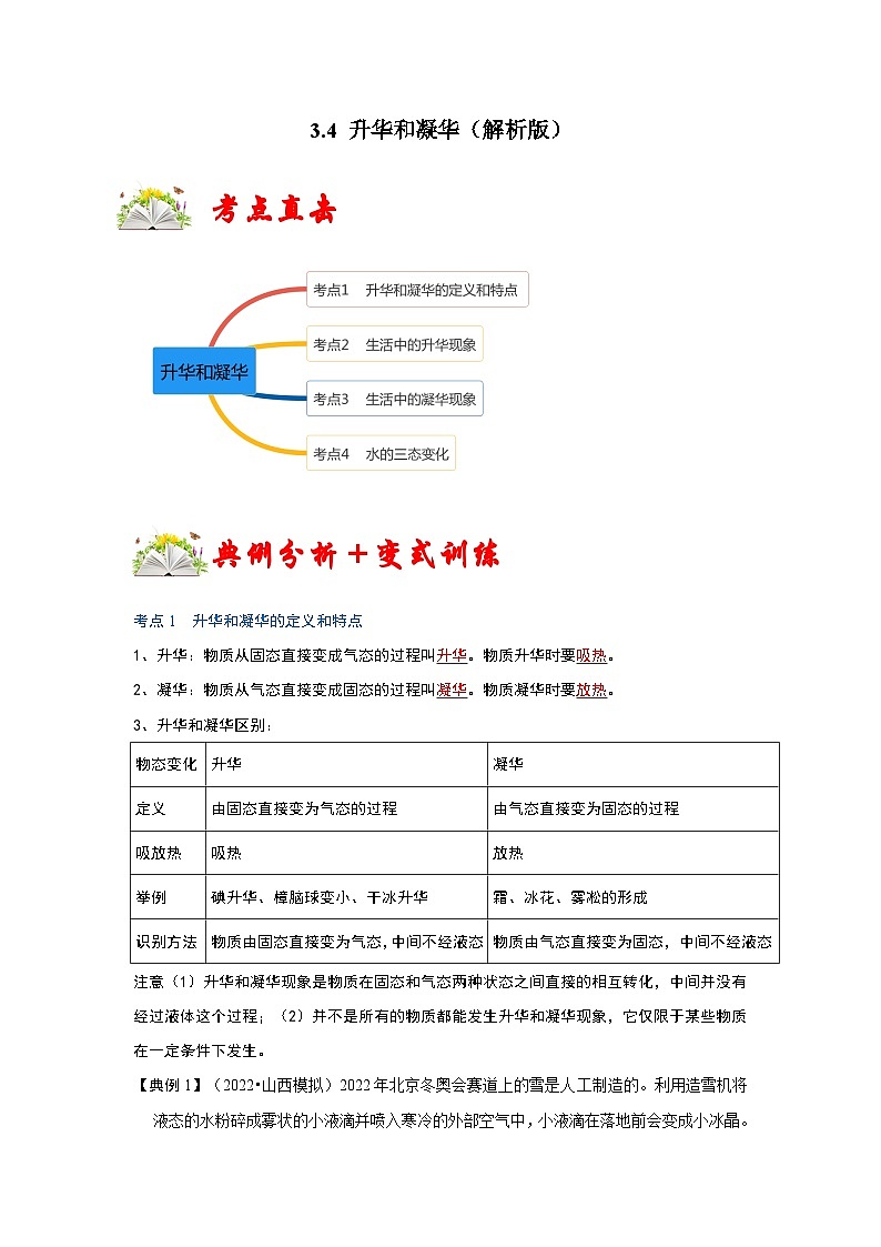 人教版八年级物理上册同步考点专题训练 3.4 升华和凝华(解析版)第1页
