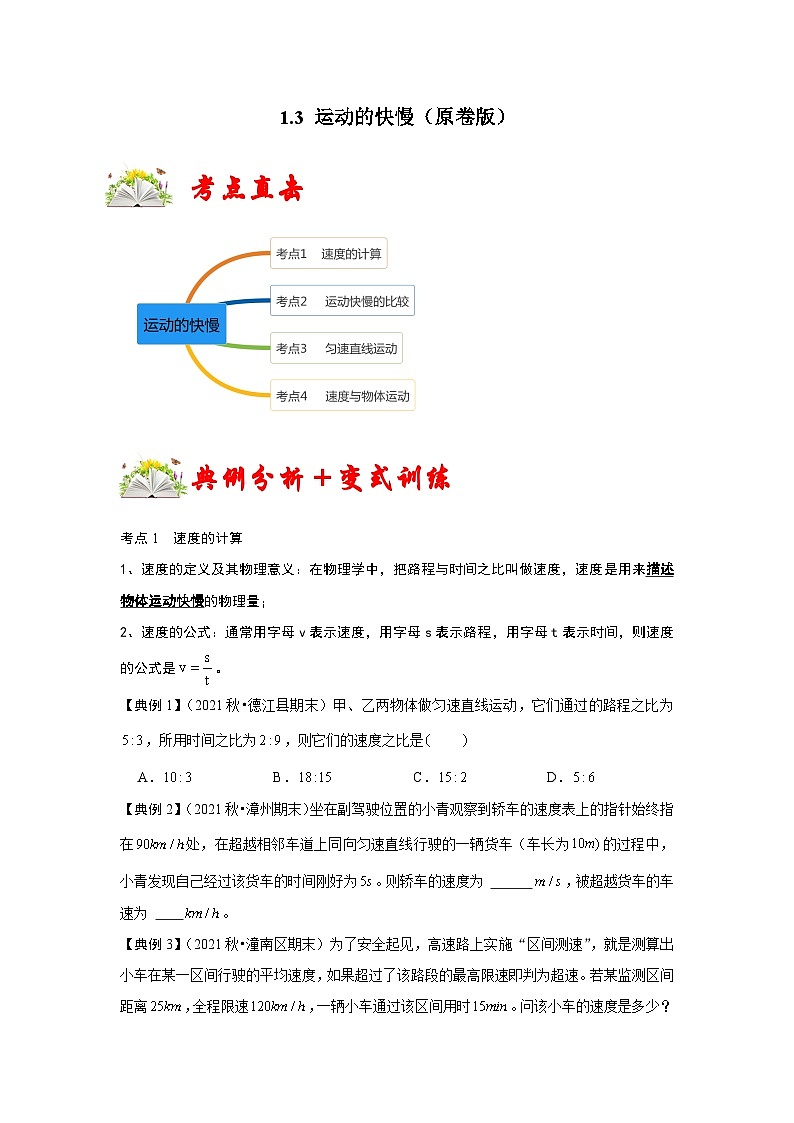 人教版八年級物理上冊同步考點(diǎn)專題訓(xùn)練 1.3 運(yùn)動(dòng)的快慢(原卷版)第1頁