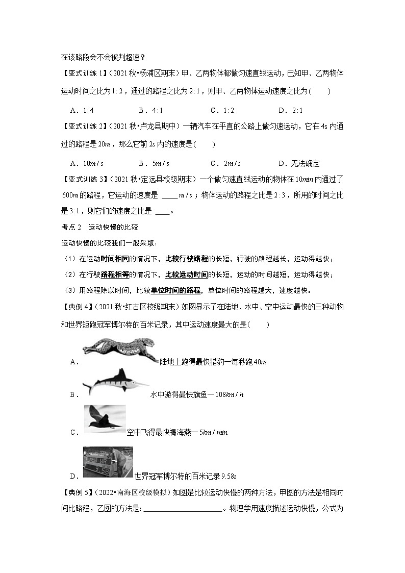 人教版八年級物理上冊同步考點(diǎn)專題訓(xùn)練 1.3 運(yùn)動(dòng)的快慢（原卷版）第2頁