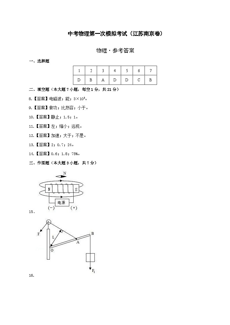 (广东省卷)中考物理第二次模拟考试(参考答案)第1页