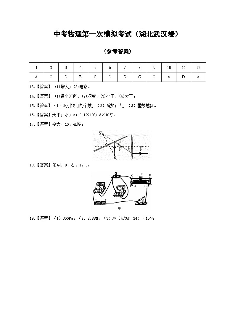 (湖北武汉卷)中考物理第二次模拟考试(含考试版+答题卡+全解全析+参考答案)01